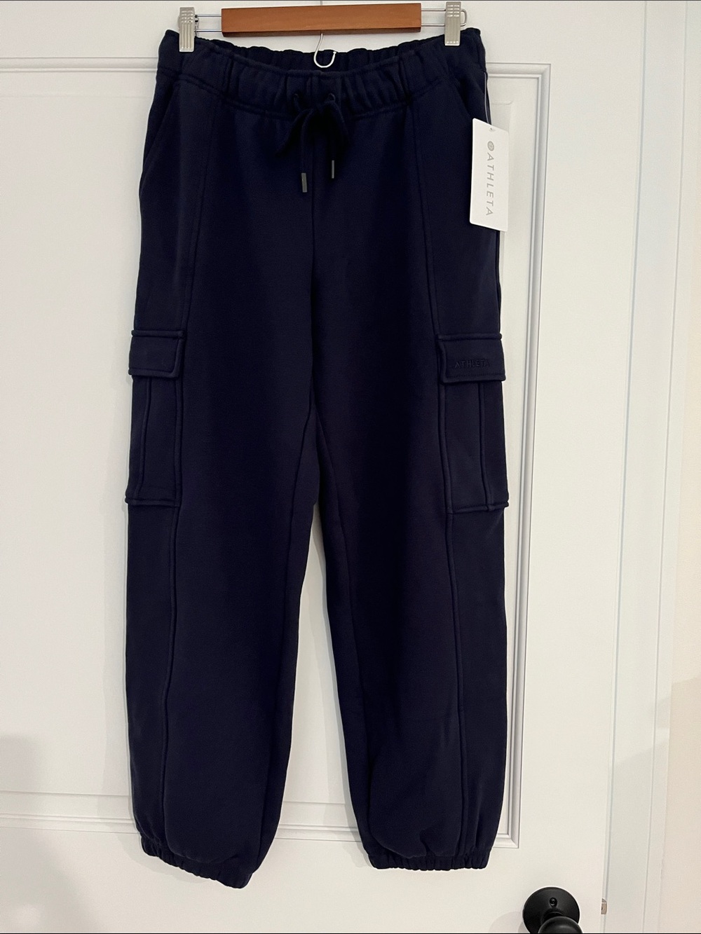 Athleta Heavyweight Terry Cargo Joggers with Drawstring Waist in Navy